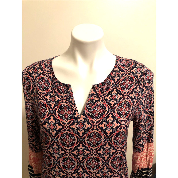 IRIS Pink Navy Print 3/4 Sleeve V-Neck Rayon Shift Mini Dress Tunic Top Large - Picture 3 of 9